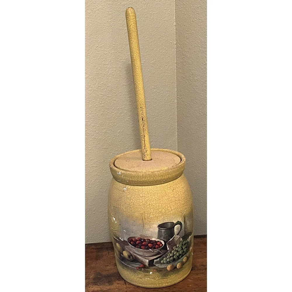 Vintage 5 Gallon Stoneware Butter Churn Crock With Lid And Masher Fruit Decor 🔥